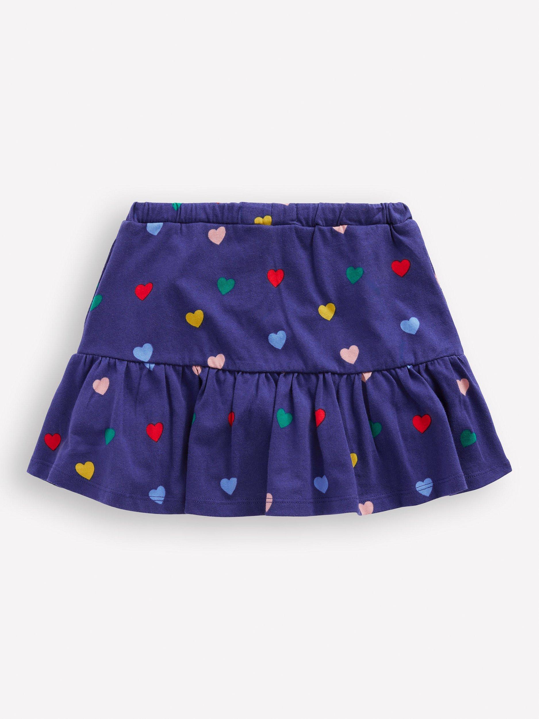 Product image 2 of 3, which shows Mini Boden Kids' Cotton Tiered Jersey Drawstring Skirt, Blue Multi Hearts, 2-3 years