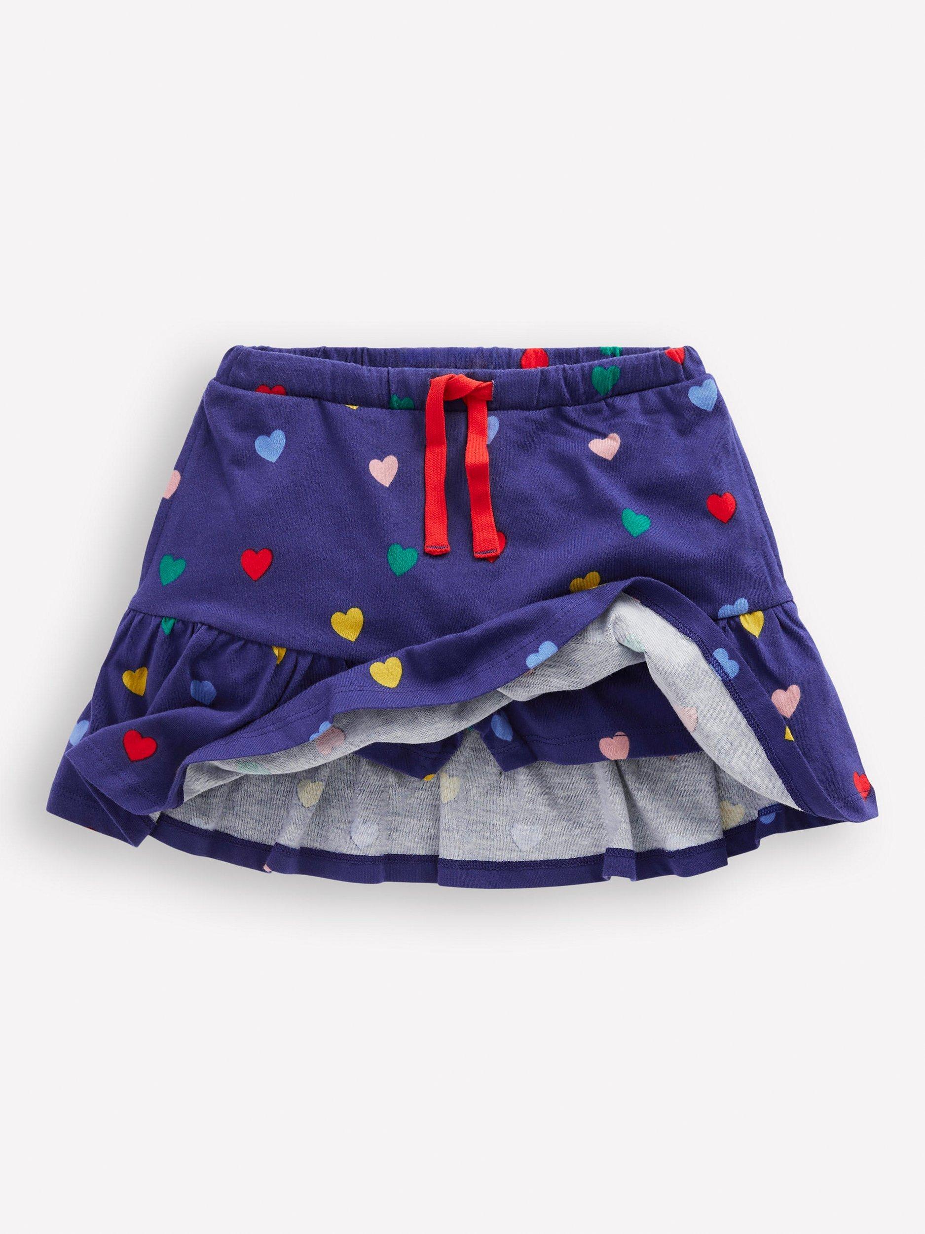 Product image 3 of 3, which shows Mini Boden Kids' Cotton Tiered Jersey Drawstring Skirt, Blue Multi Hearts, 2-3 years