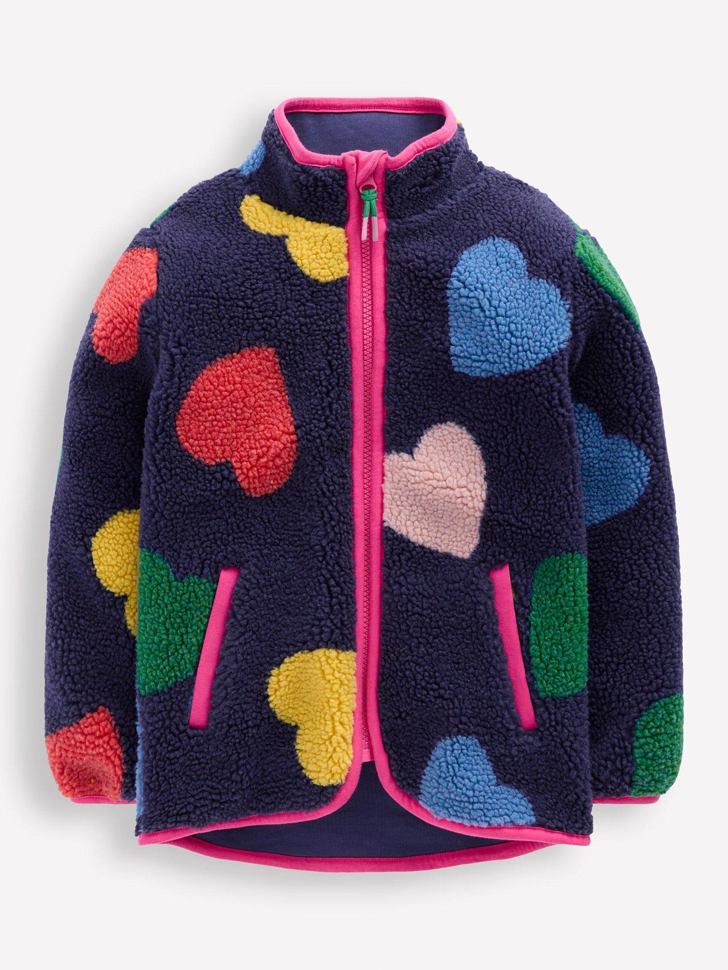 Product image 1 of 2, which shows Mini Boden Kids' Eden Borg Zip Jacket, Blue Multi Hearts, 10-11 years