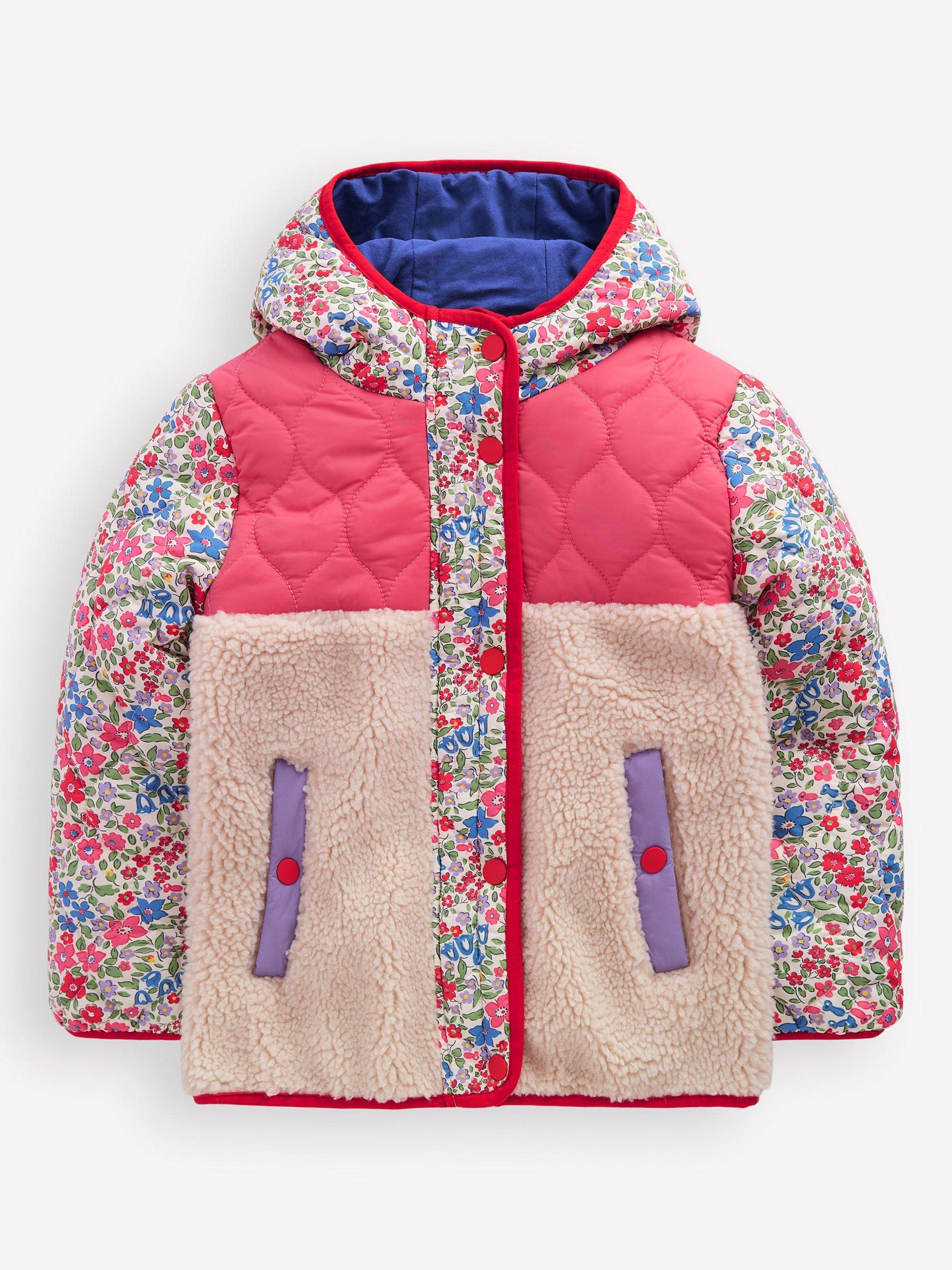 Product image 1 of 2, which shows Mini Boden Janie Borg Panelled Jacket, Rose Pink Flowerbed, 10-11 years