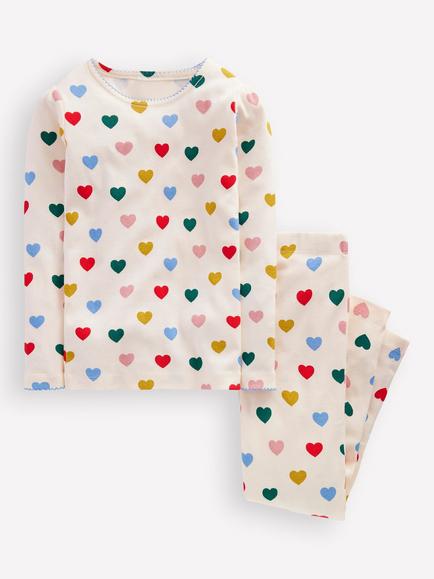 Mini Boden Kids' Cotton Long Sleeved Pyjama Set, Milk Small Hearts, Milk Small Hearts