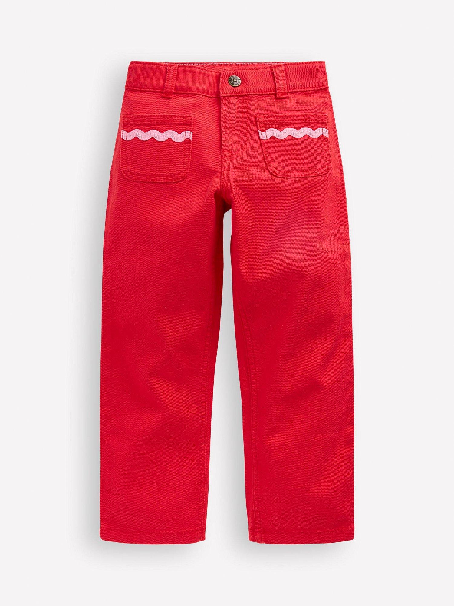 Product image 1 of 3, which shows Mini Boden Kids' Cotton Patch Pocket Trousers, Poppy Red, 2-3 years