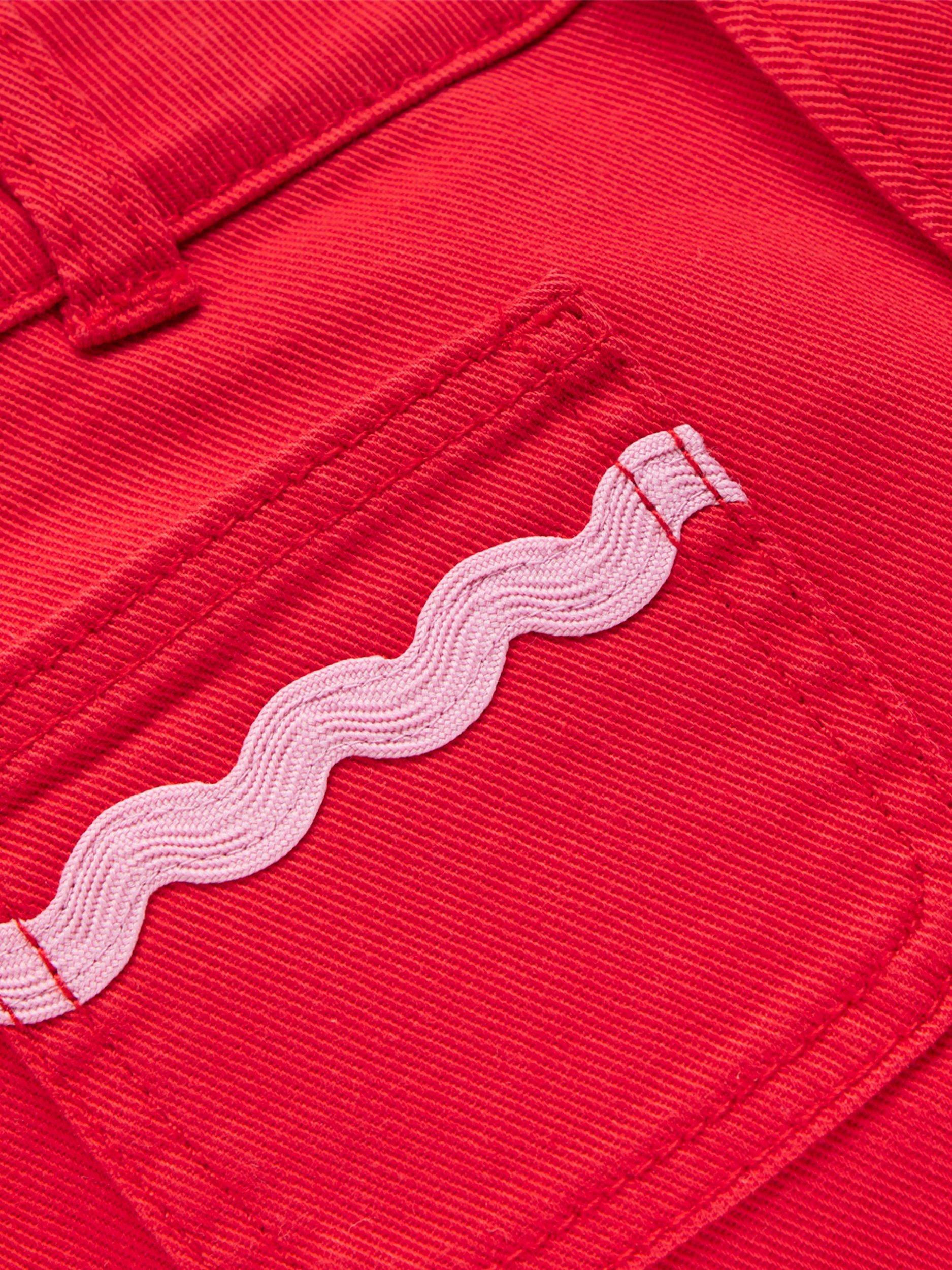 Product image 3 of 3, which shows Mini Boden Kids' Cotton Patch Pocket Trousers, Poppy Red, 2-3 years