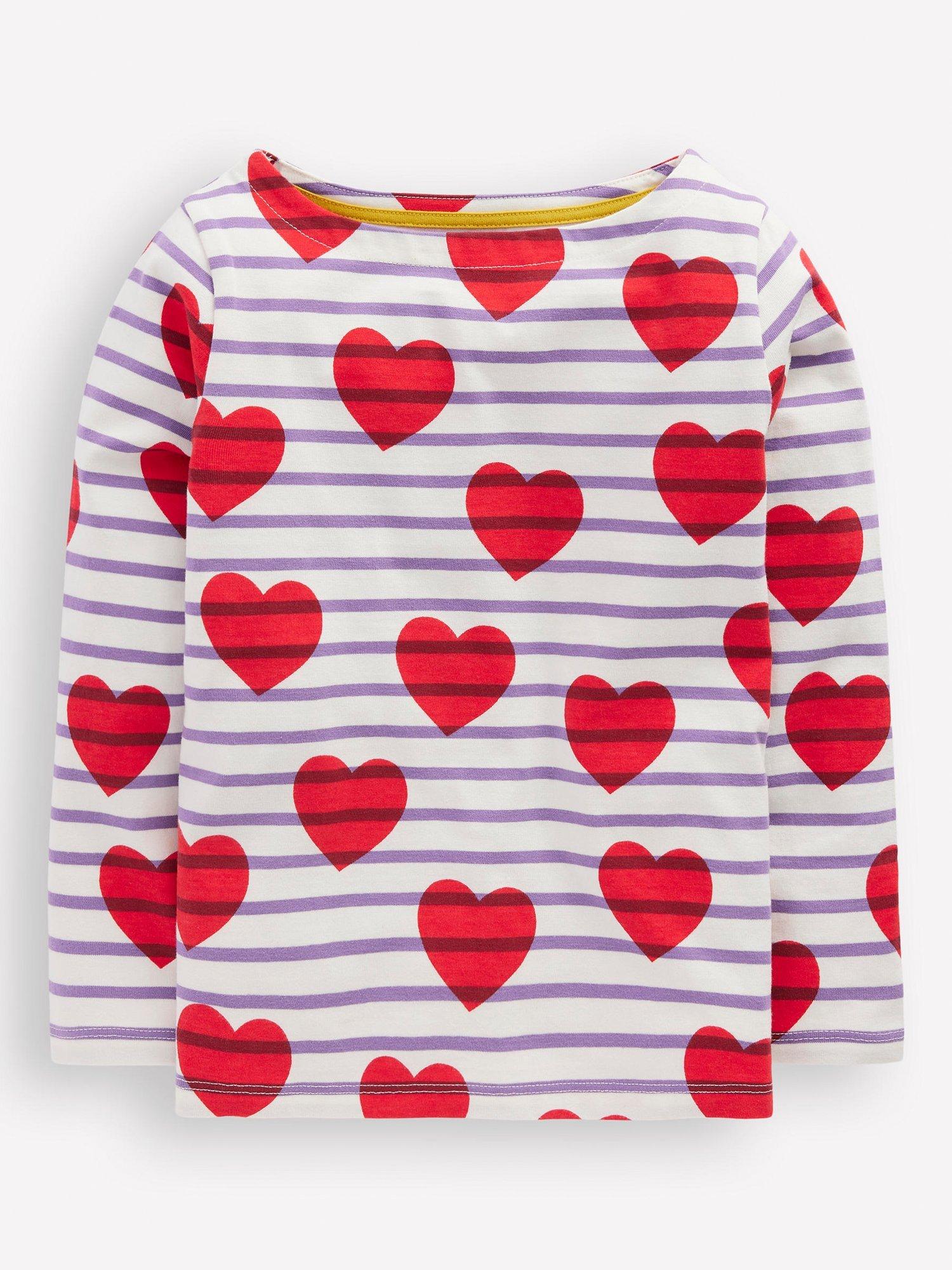 Product image 1 of 2, which shows Mini Boden Kids' Cotton Ella Breton Long Sleeved Top, Stripe Hearts, 2-3 years