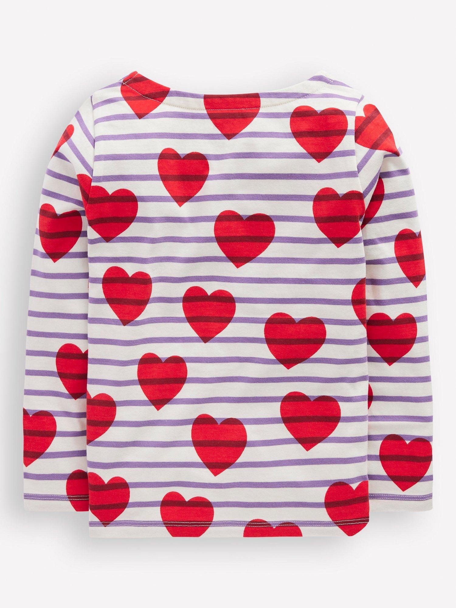 Product image 2 of 2, which shows Mini Boden Kids' Cotton Ella Breton Long Sleeved Top, Stripe Hearts, 2-3 years