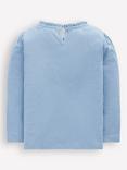 Mini Boden Kids' Cotton Frill Neck Applique Long Sleeved T-Shirt, Glacier Blue Flowers