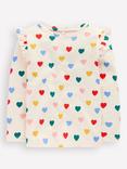 Mini Boden Kids' Cotton Long Frill Sleeve Slub Top, Rainbow Hearts