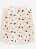 Mini Boden Kids' Cotton Long Frill Sleeve Slub Top, Rainbow Hearts
