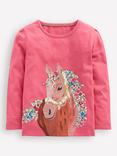 Mini Boden Kids' Cotton Long Sleeved T-Shirt, Rose Pink Horses