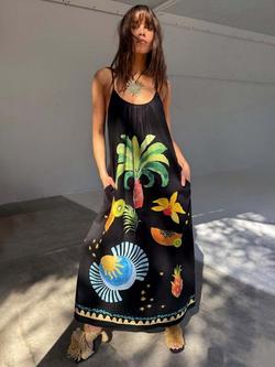 Never Fully Dressed Low Back Rio Print Pocketed Maxi Dress, Black