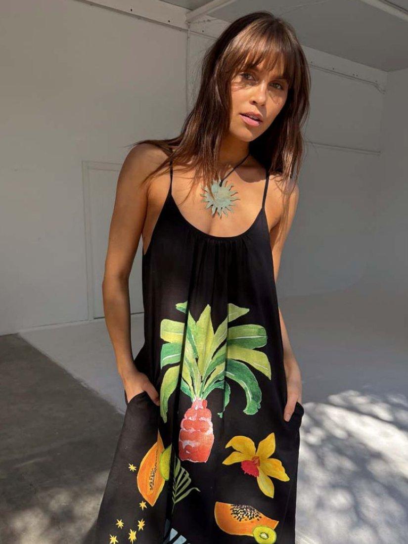 Product image 3 of 6, which shows Never Fully Dressed Low Back Rio Print Pocketed Maxi Dress, Black, 6