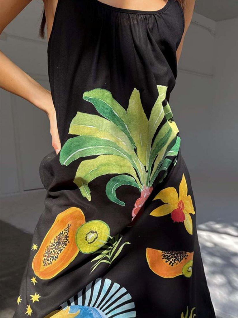 Product image 5 of 6, which shows Never Fully Dressed Low Back Rio Print Pocketed Maxi Dress, Black, 6