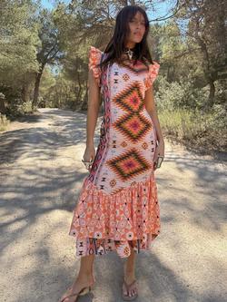 Never Fully Dressed Tiered Cap Sleeve Bridget Print Midi Frida Dress, Multi