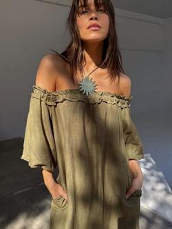 Never Fully Dressed Bardot Neck Linen Blend Midi Ella Dress - view 2, Khaki