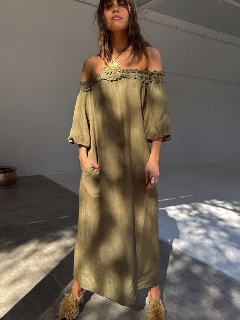 Product image 3 of 7, which shows Never Fully Dressed Bardot Neck Linen Blend Midi Ella Dress, Khaki, XS