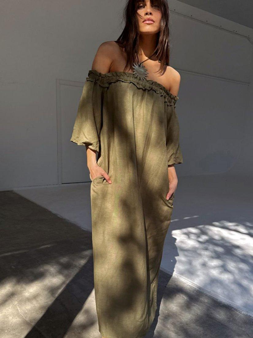 Product image 4 of 7, which shows Never Fully Dressed Bardot Neck Linen Blend Midi Ella Dress, Khaki, XS