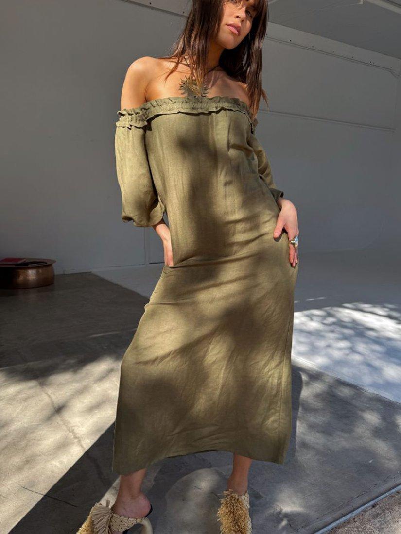 Product image 6 of 7, which shows Never Fully Dressed Bardot Neck Linen Blend Midi Ella Dress, Khaki, XS