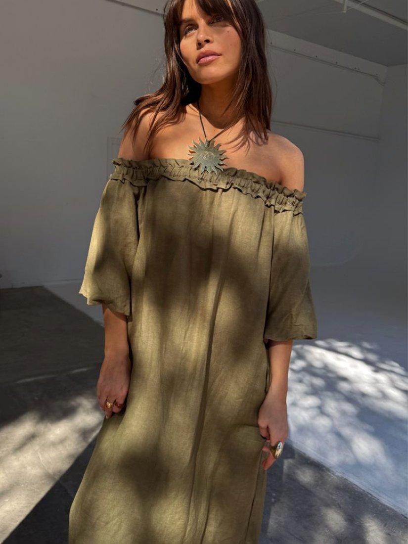 Product image 7 of 7, which shows Never Fully Dressed Bardot Neck Linen Blend Midi Ella Dress, Khaki, XS