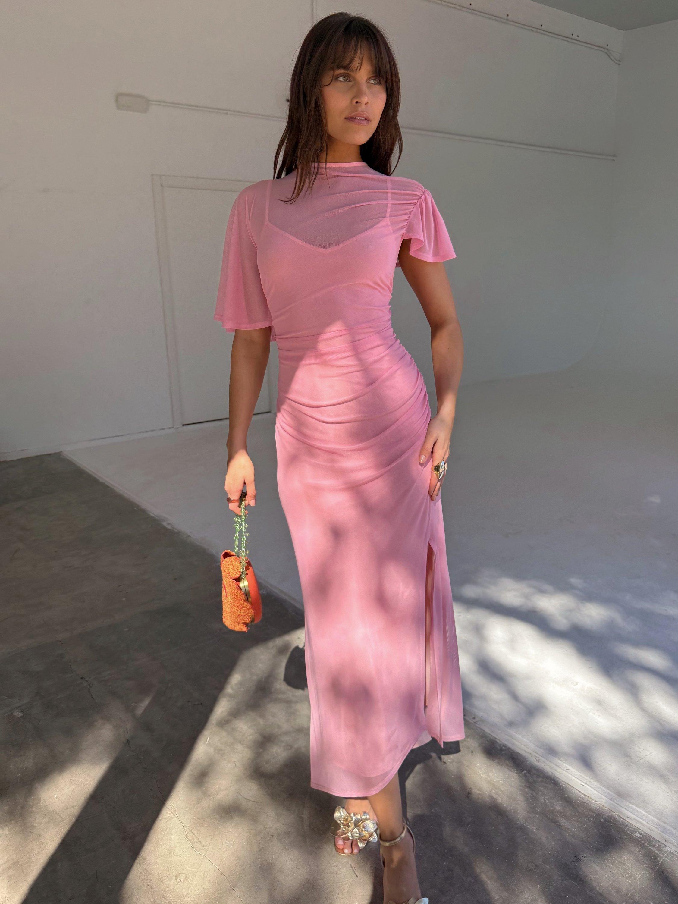 Product image 1 of 7, which shows Never Fully Dressed Isabelle Bodycon Mesh Midi Dress, Pink, 6