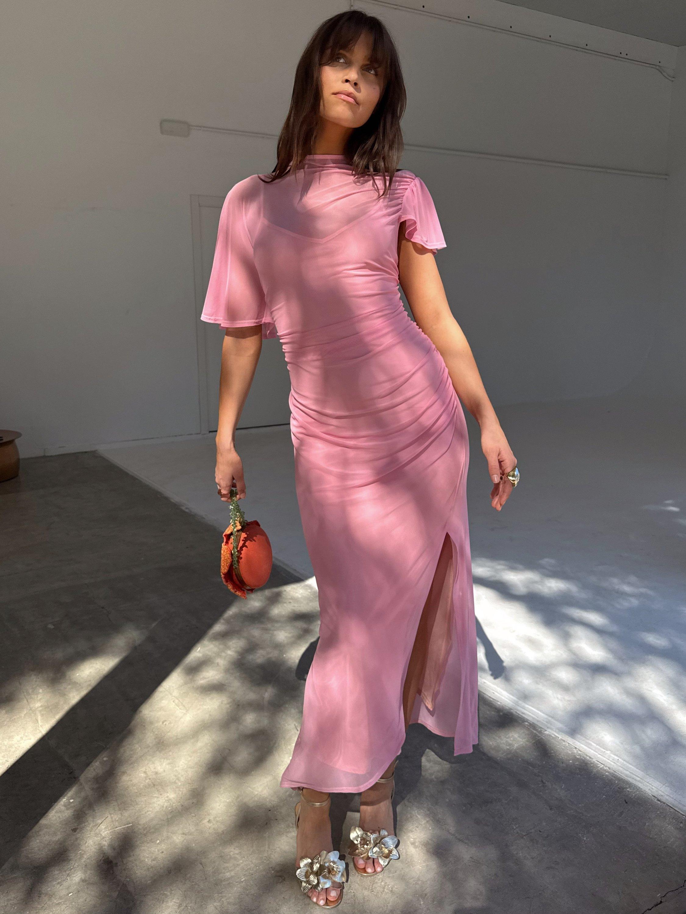 Product image 3 of 7, which shows Never Fully Dressed Isabelle Bodycon Mesh Midi Dress, Pink, 6
