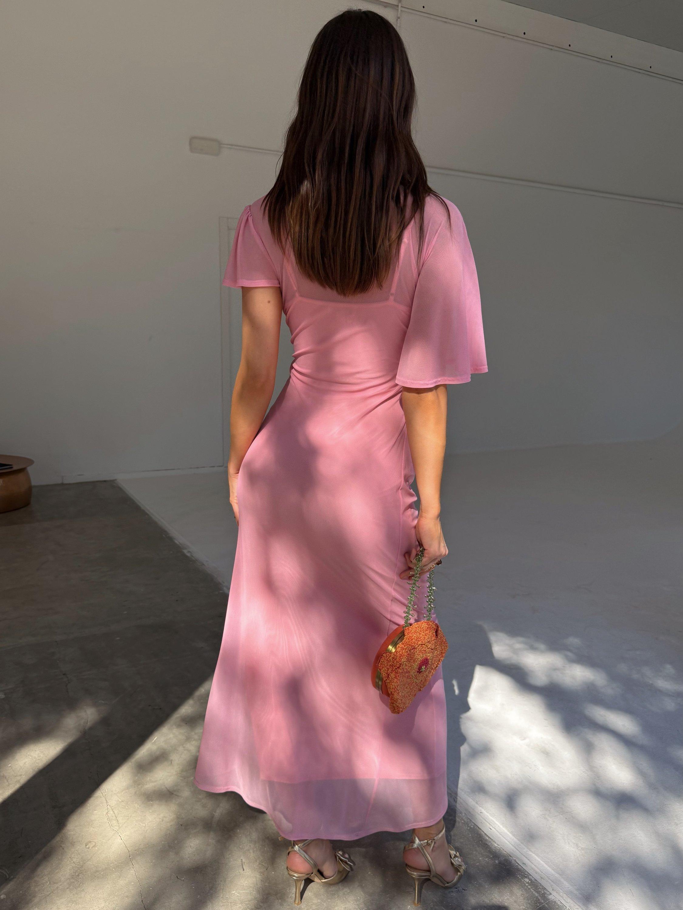 Product image 4 of 7, which shows Never Fully Dressed Isabelle Bodycon Mesh Midi Dress, Pink, 6