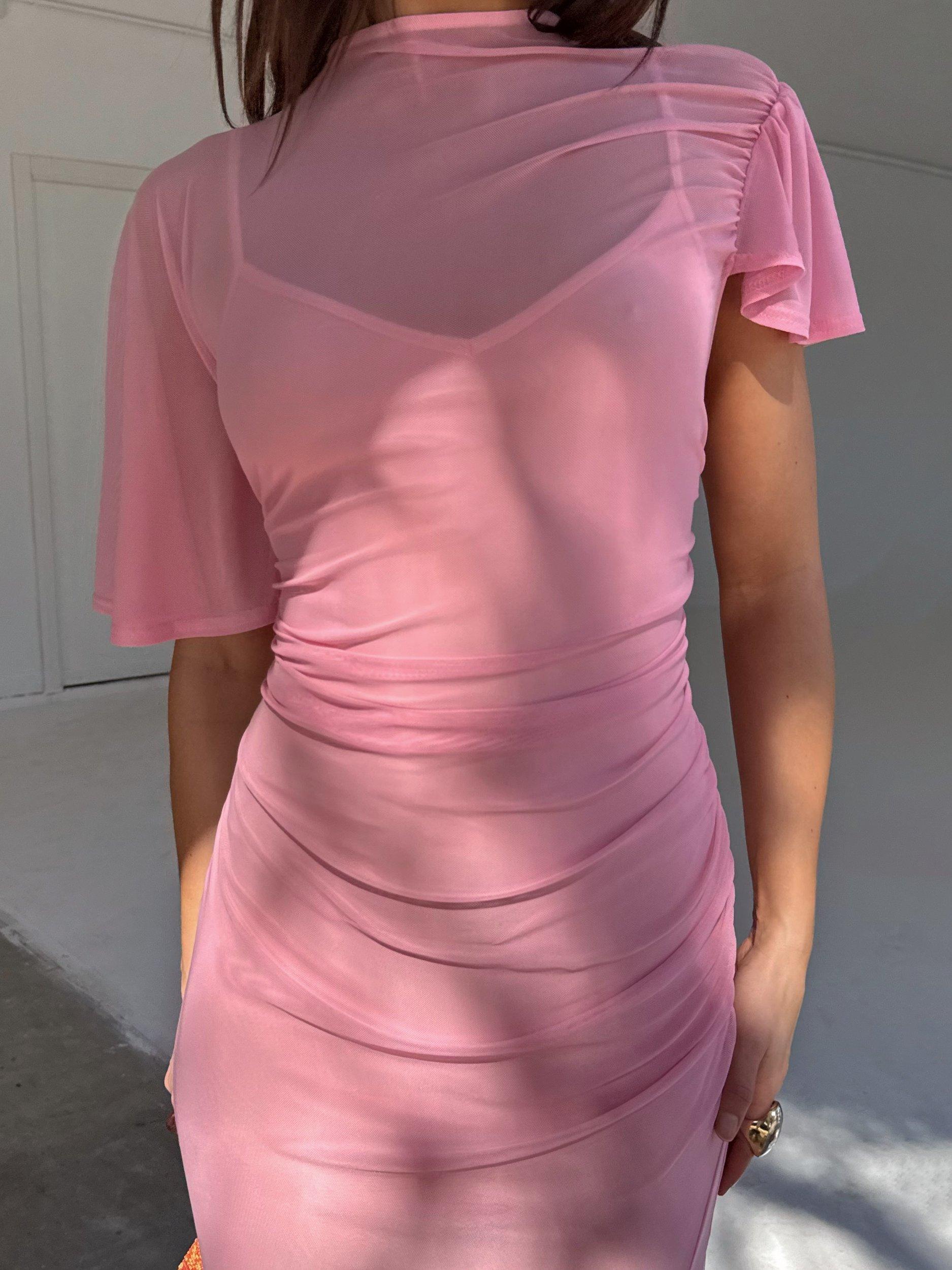 Product image 5 of 7, which shows Never Fully Dressed Isabelle Bodycon Mesh Midi Dress, Pink, 6