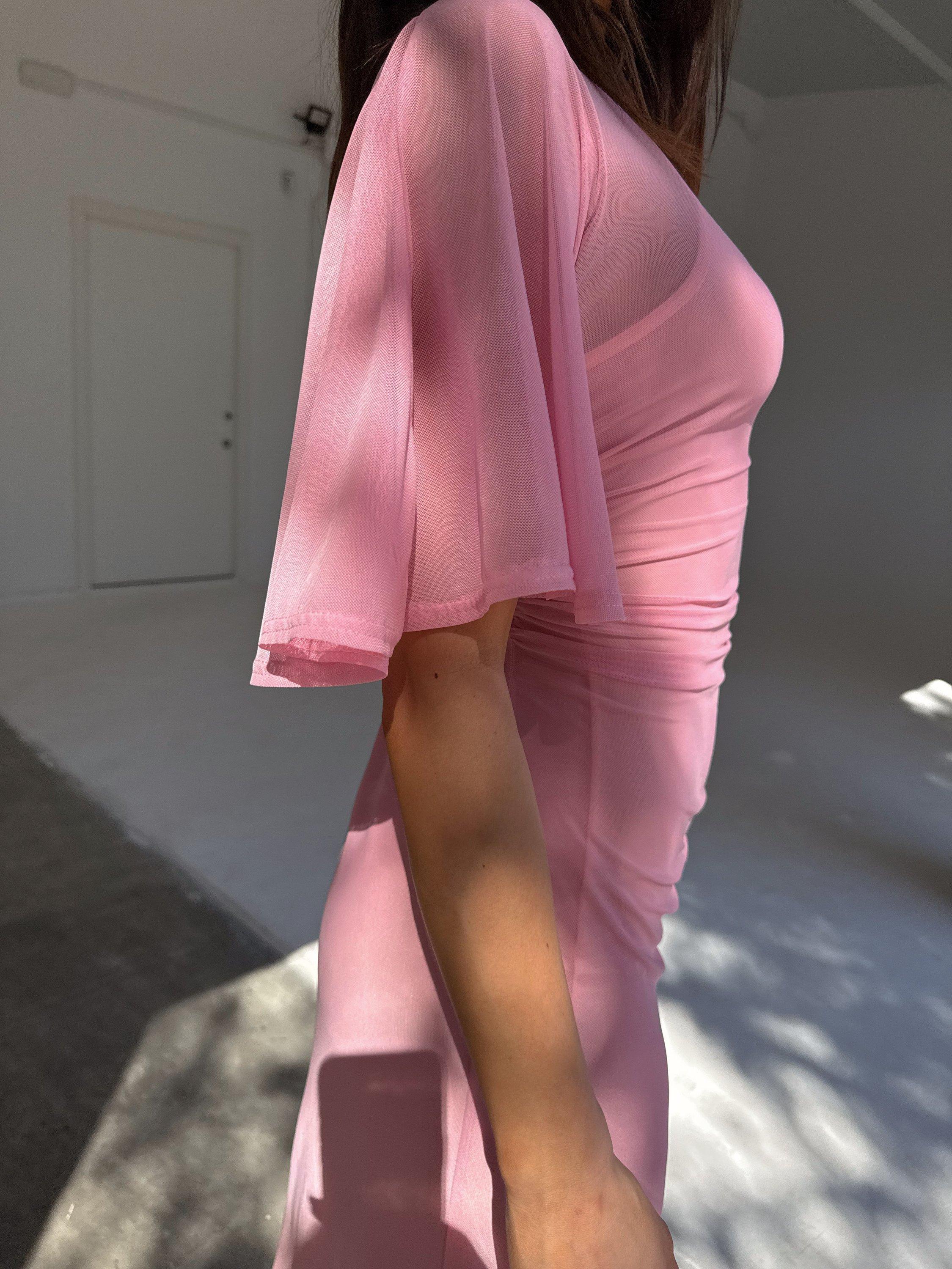 Product image 6 of 7, which shows Never Fully Dressed Isabelle Bodycon Mesh Midi Dress, Pink, 6