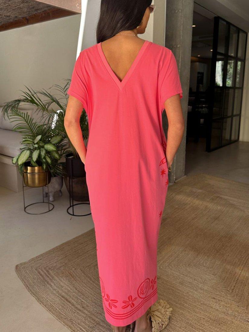 Product image 3 of 5, which shows Never Fully Dressed Azura Palm Print Cotton Midi T-Shirt Dress, Pink, XS