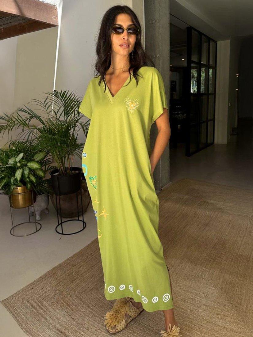 Product image 2 of 5, which shows Never Fully Dressed Charms Print Cotton Midi T-Shirt Dress, Olive, XS