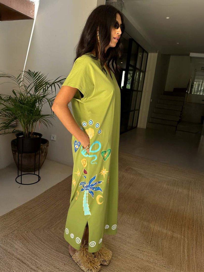 Product image 3 of 5, which shows Never Fully Dressed Charms Print Cotton Midi T-Shirt Dress, Olive, XS
