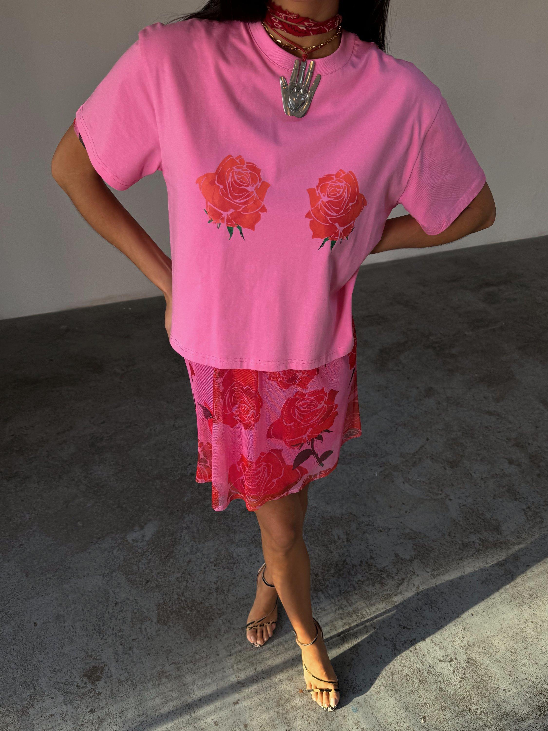 Product image 4 of 5, which shows Never Fully Dressed Cotton Blend Floral Print T-Shirt, Pink, XS