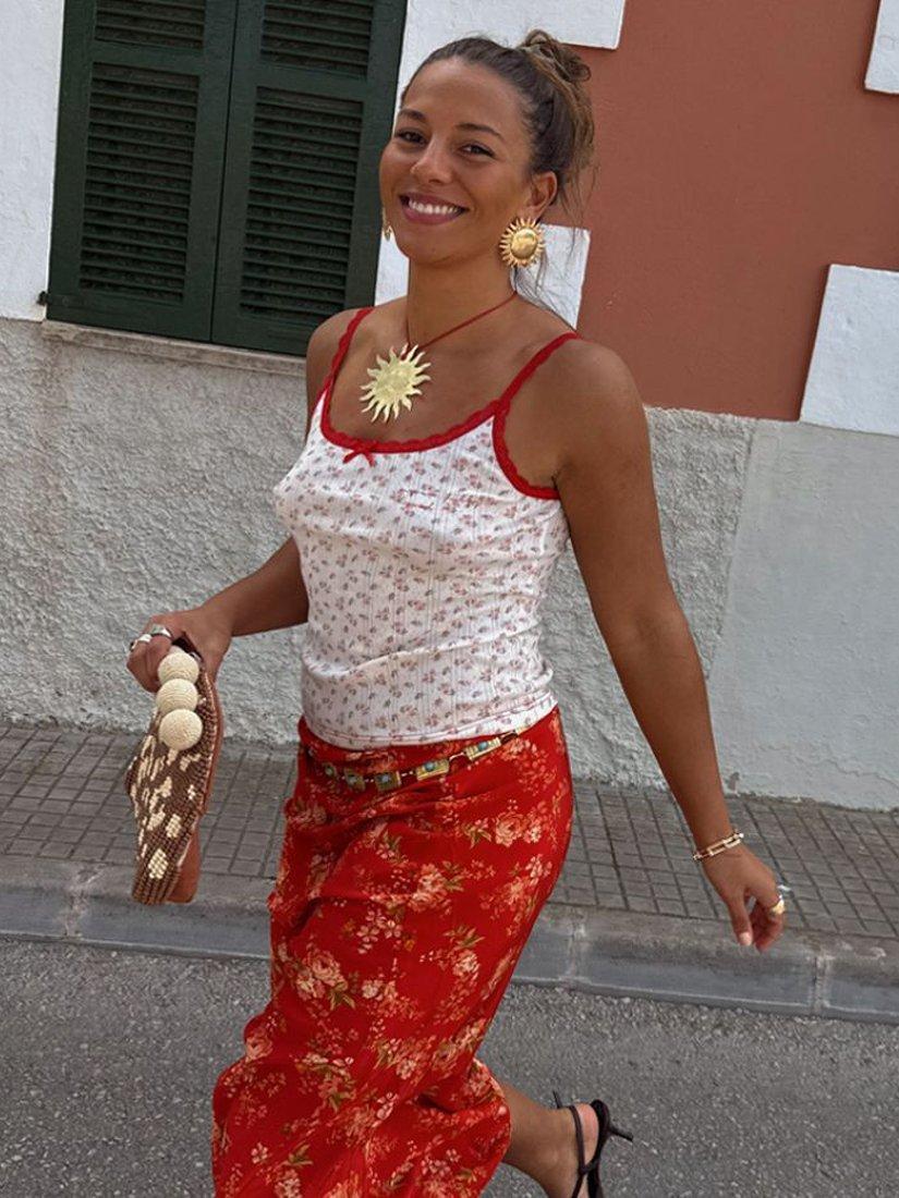 Product image 3 of 6, which shows Never Fully Dressed Cotton Floral Spaghetti Strap Top, White, XS