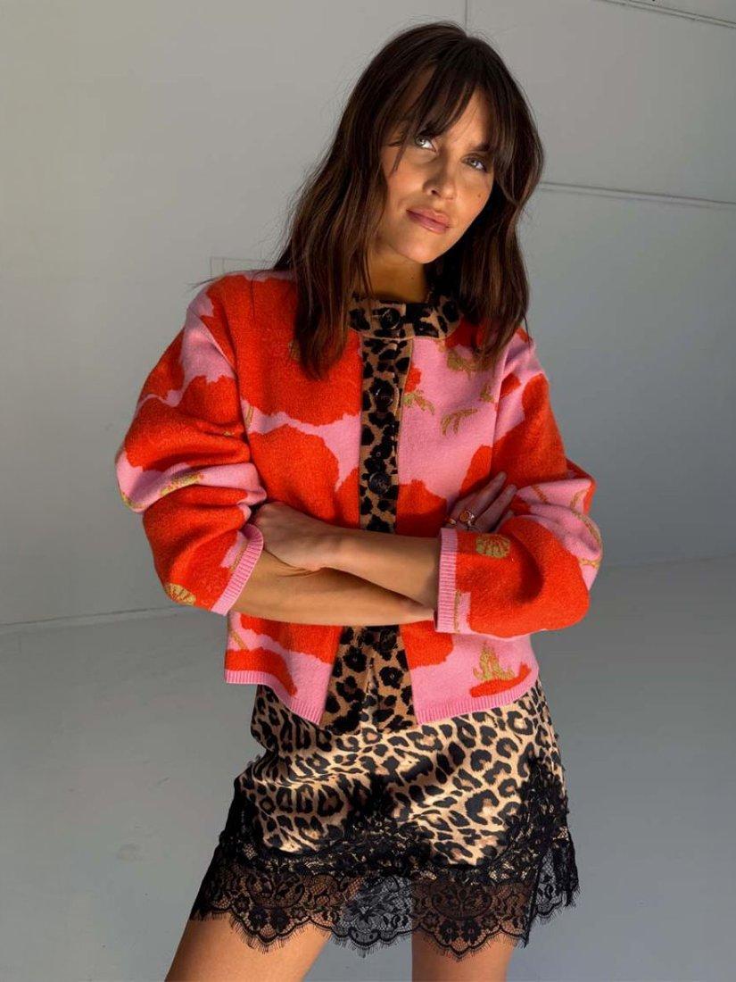 Product image 1 of 5, which shows Never Fully Dressed Floral Poppy Buttoned Long Sleeved Cardigan, Pink, XS