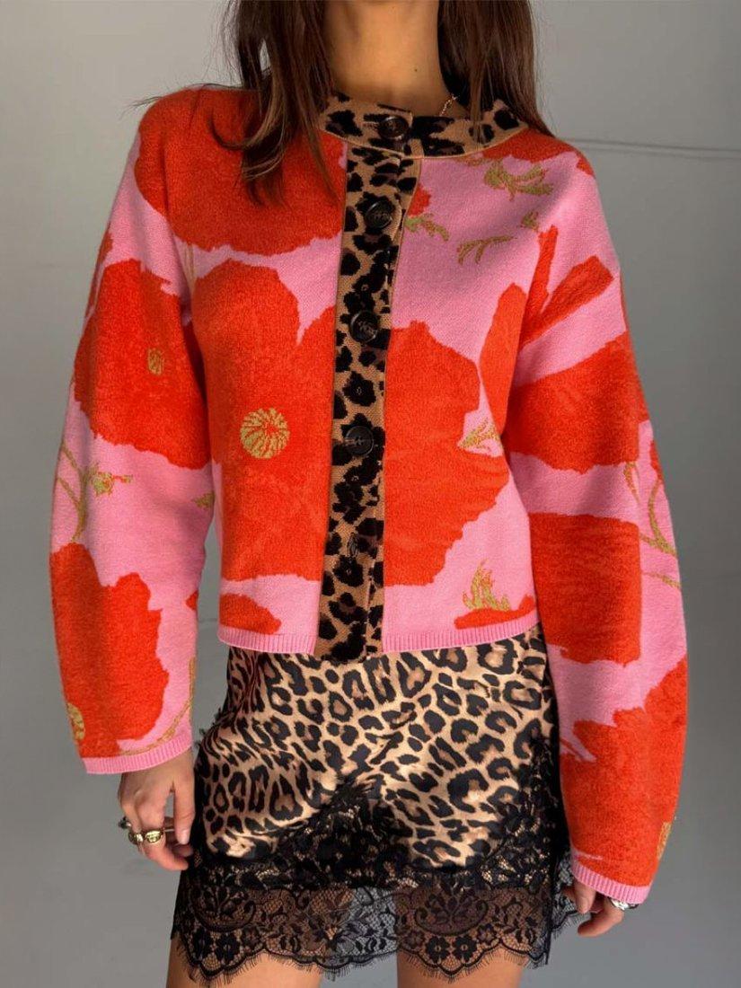 Product image 3 of 5, which shows Never Fully Dressed Floral Poppy Buttoned Long Sleeved Cardigan, Pink, XS
