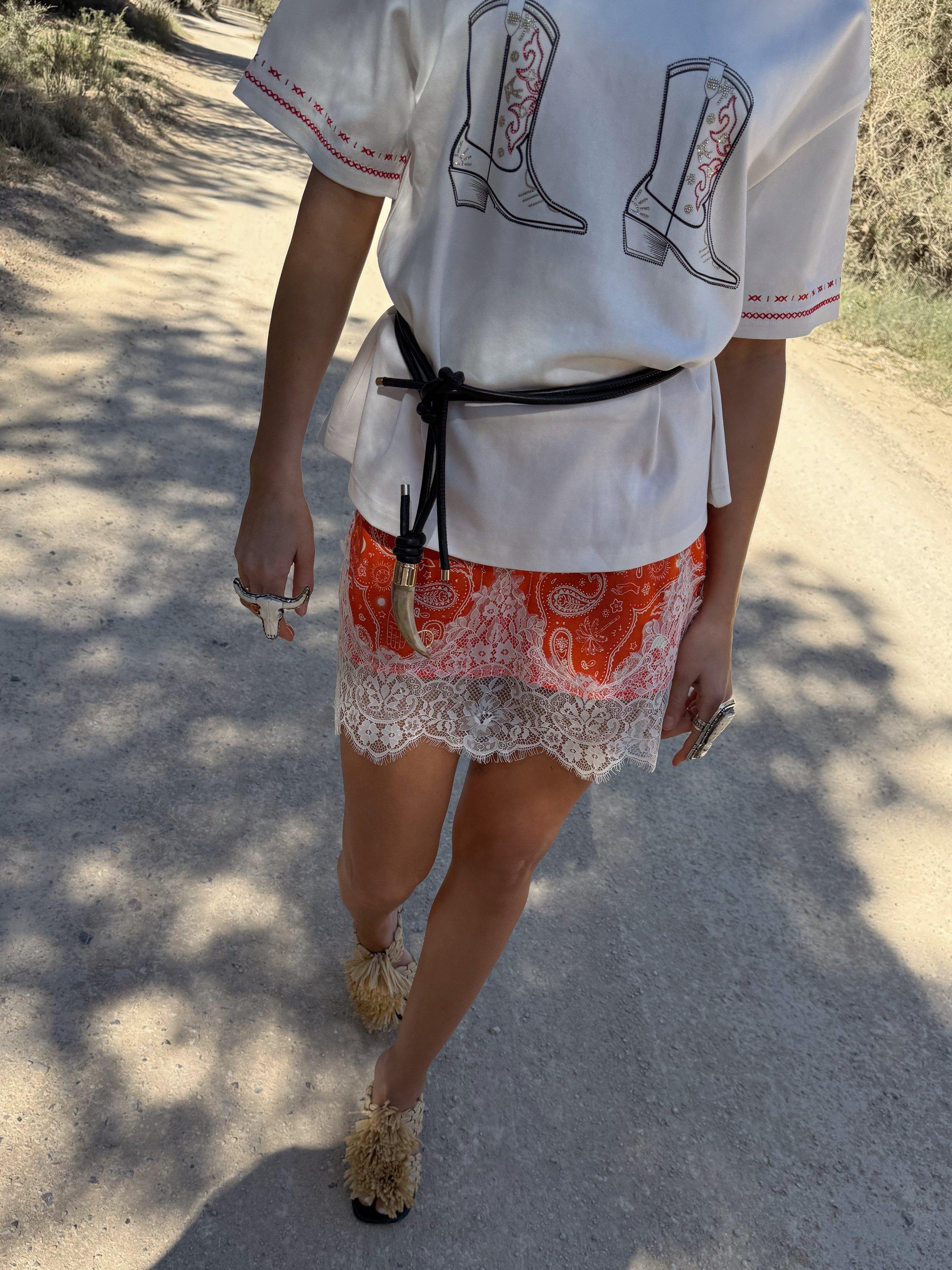 Product image 6 of 6, which shows Never Fully Dressed Maeva Lace Bandana Mini Skirt, Red, 6
