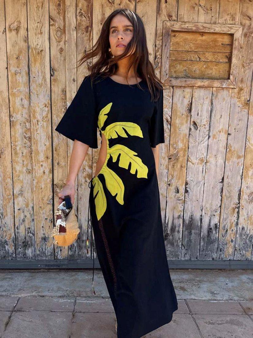 Product image 5 of 7, which shows Never Fully Dressed Cotton Blend Palm Riviera Dress, Black, 6