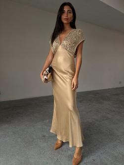 Never Fully Dressed Elodie Sequin Satin Dress, Gold, Gold