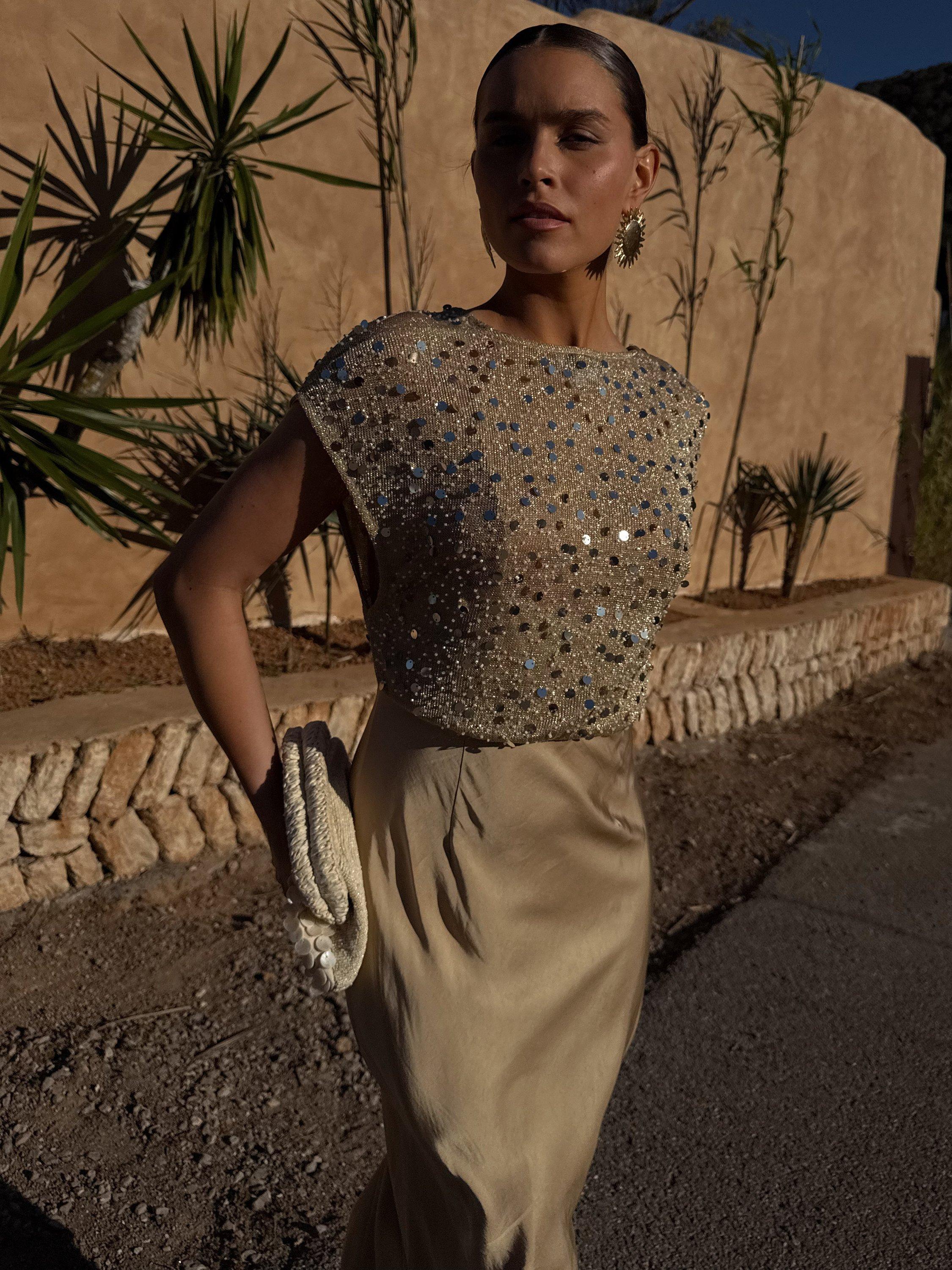 Product image 2 of 7, which shows Never Fully Dressed Elodie Sequin Satin Dress, Gold, 6