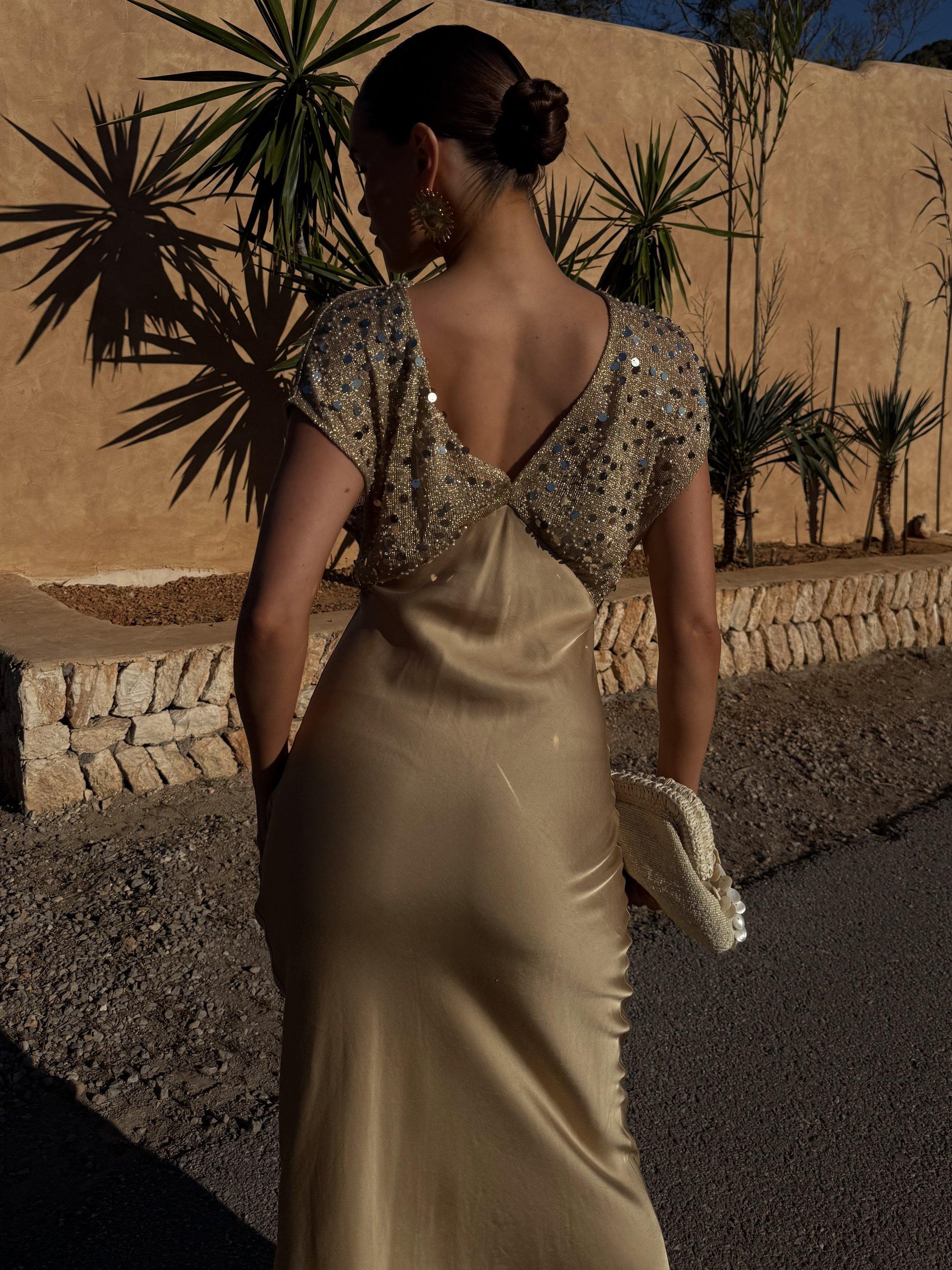 Product image 4 of 7, which shows Never Fully Dressed Elodie Sequin Satin Dress, Gold, 6
