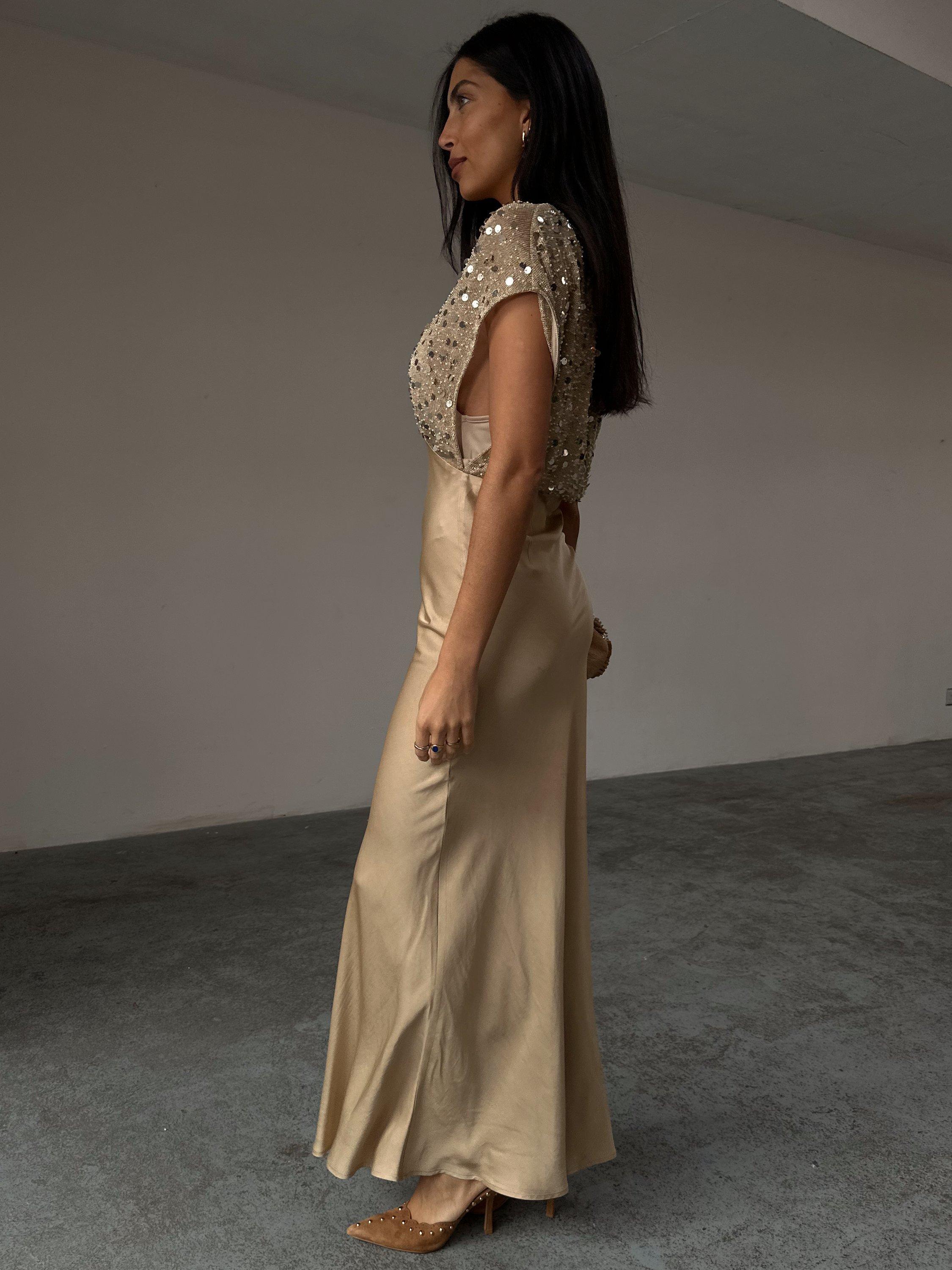 Product image 7 of 7, which shows Never Fully Dressed Elodie Sequin Satin Dress, Gold, 6