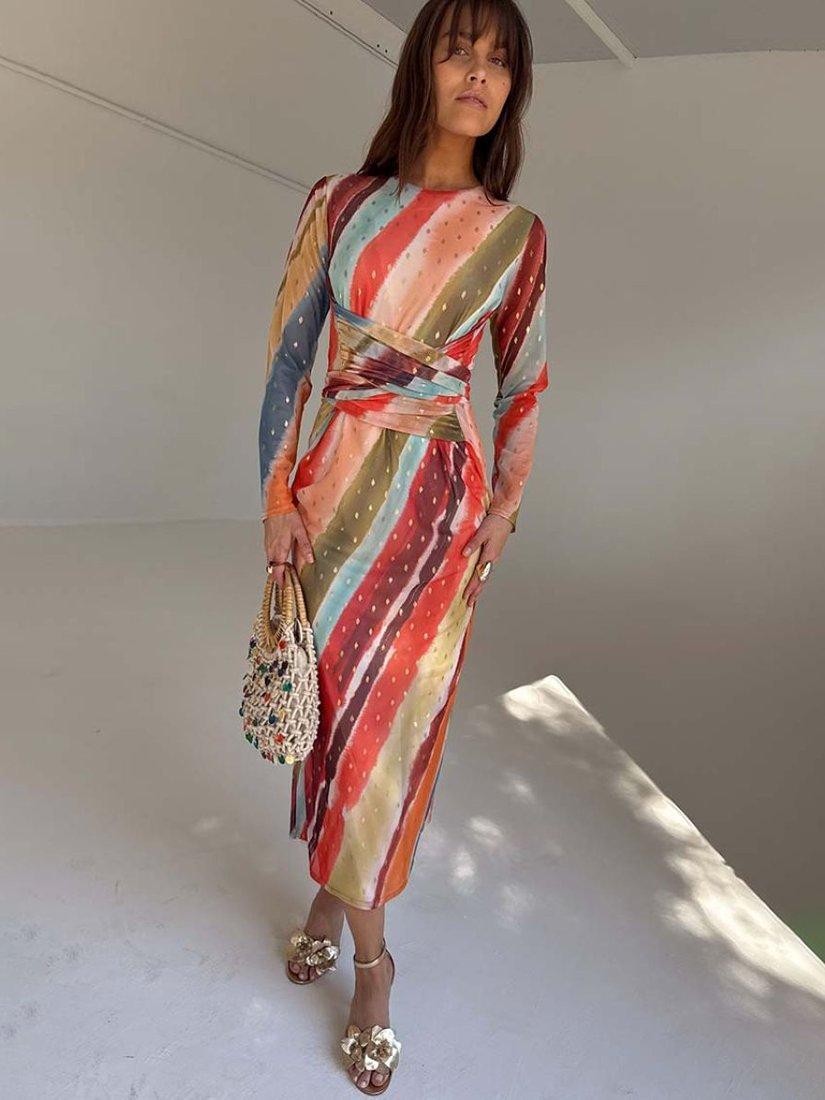 Product image 1 of 6, which shows Never Fully Dressed Sunset Striped Mesh Midi Dress, Orange, 6