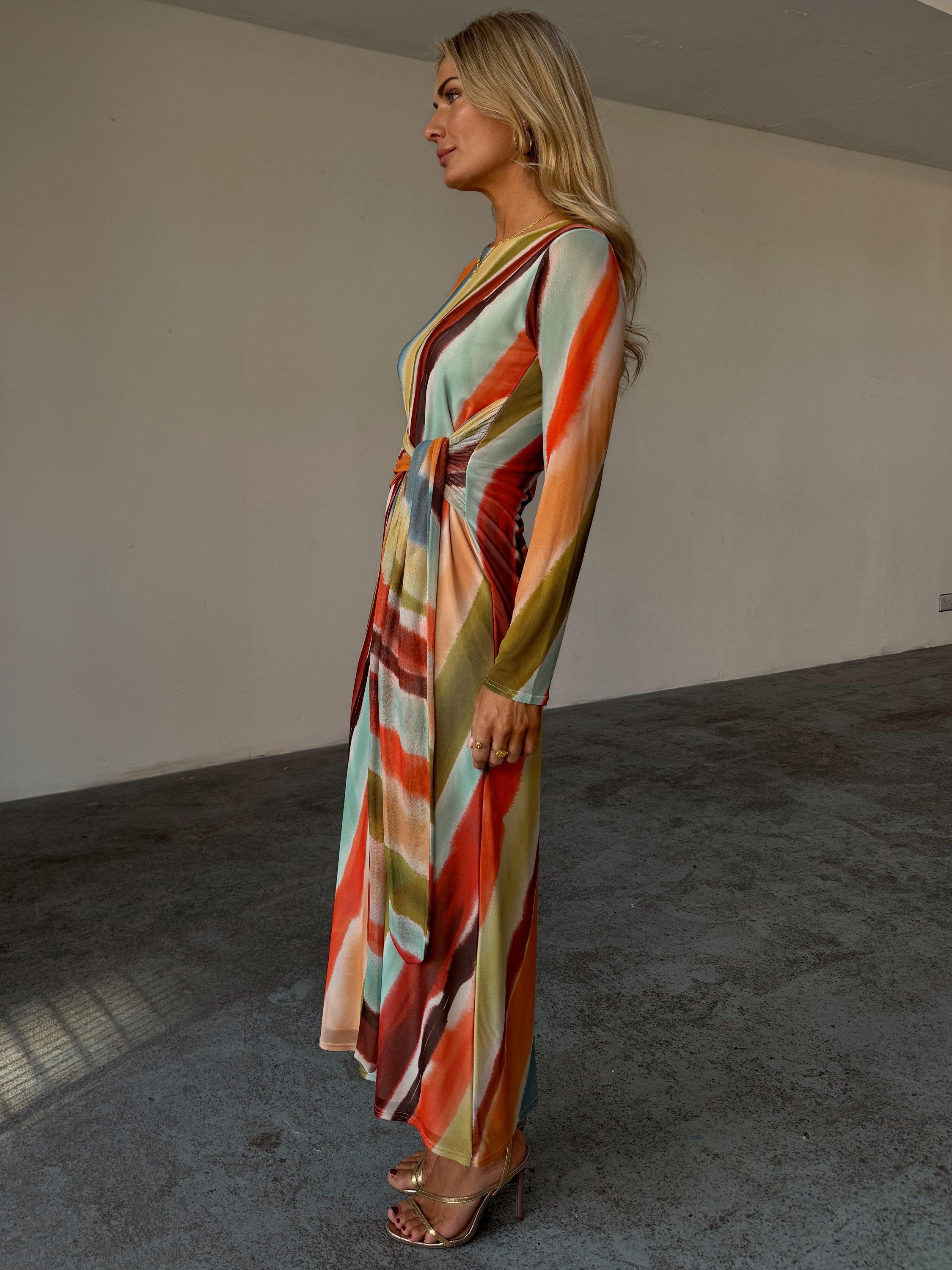 Product image 2 of 6, which shows Never Fully Dressed Sunset Striped Mesh Midi Dress, Orange, 6