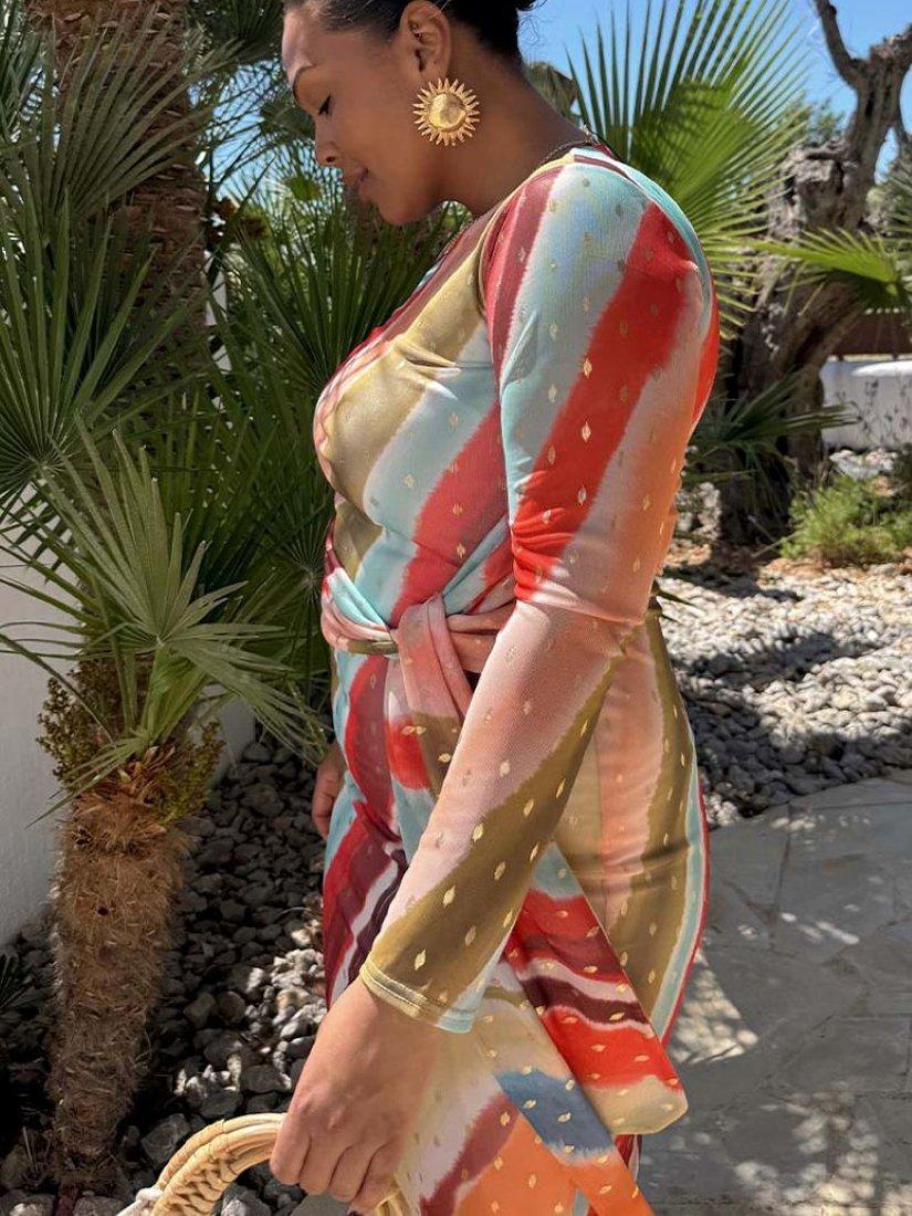 Product image 3 of 6, which shows Never Fully Dressed Sunset Striped Mesh Midi Dress, Orange, 6