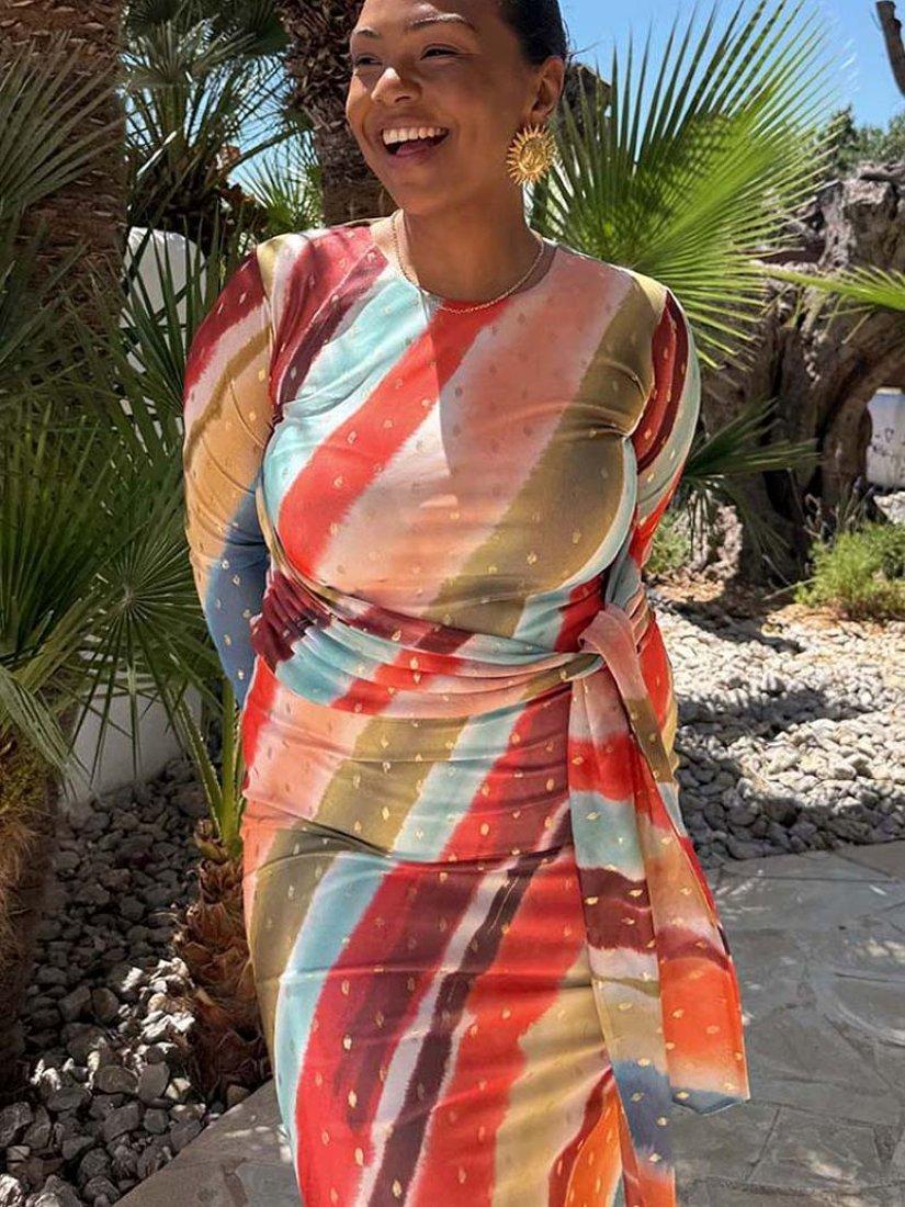 Product image 4 of 6, which shows Never Fully Dressed Sunset Striped Mesh Midi Dress, Orange, 6