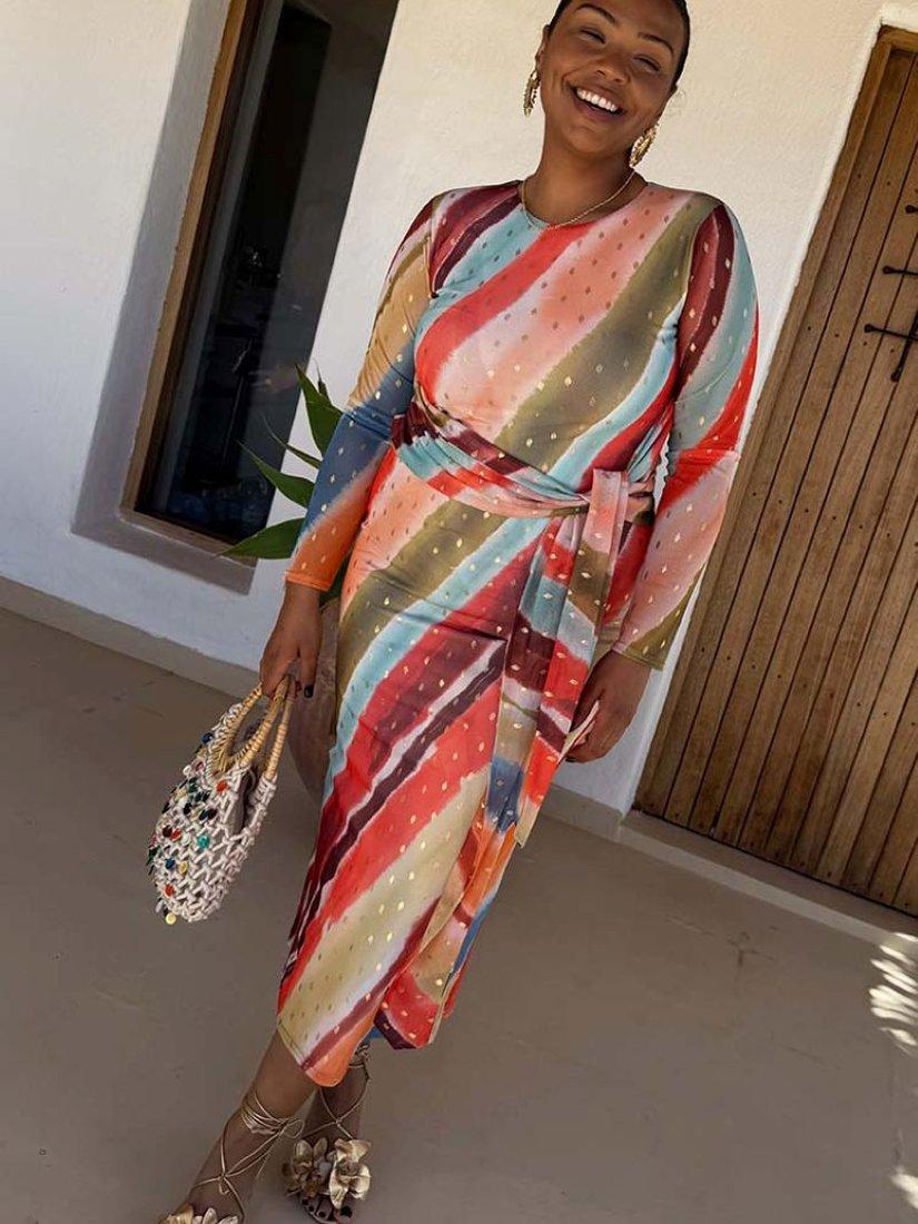 Product image 5 of 6, which shows Never Fully Dressed Sunset Striped Mesh Midi Dress, Orange, 6