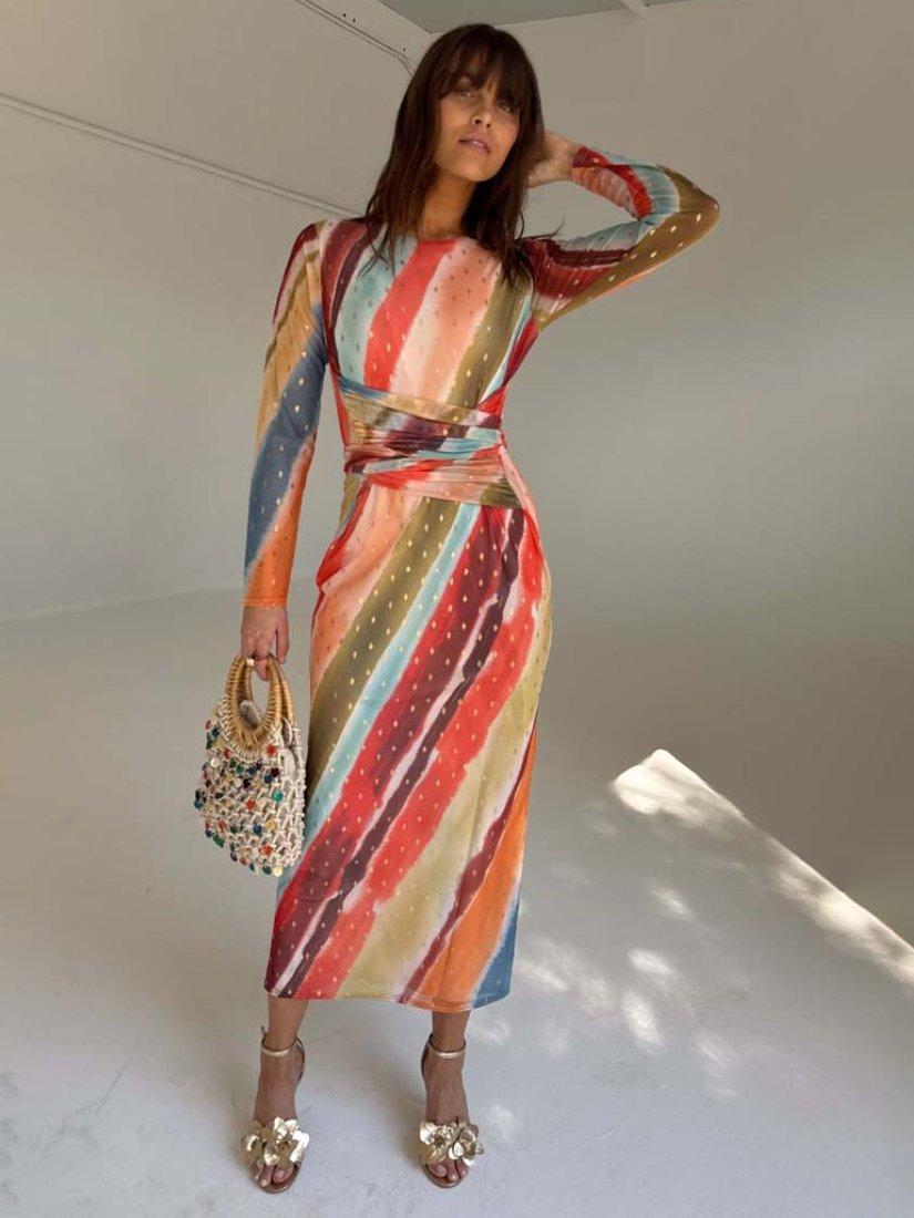 Product image 6 of 6, which shows Never Fully Dressed Sunset Striped Mesh Midi Dress, Orange, 6