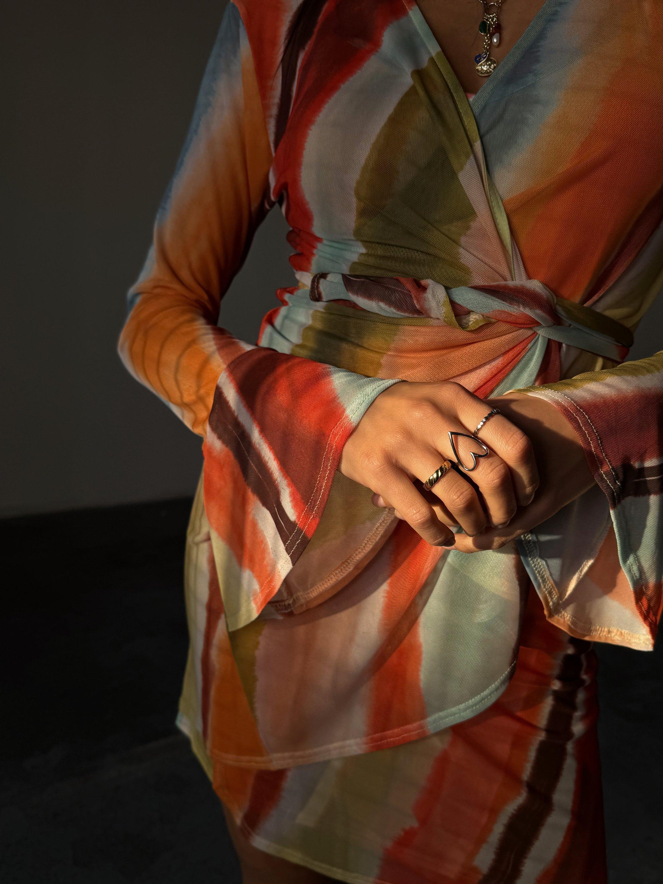 Product image 4 of 6, which shows Never Fully Dressed Sunset Striped Wrap Mini Dress, Orange, 6