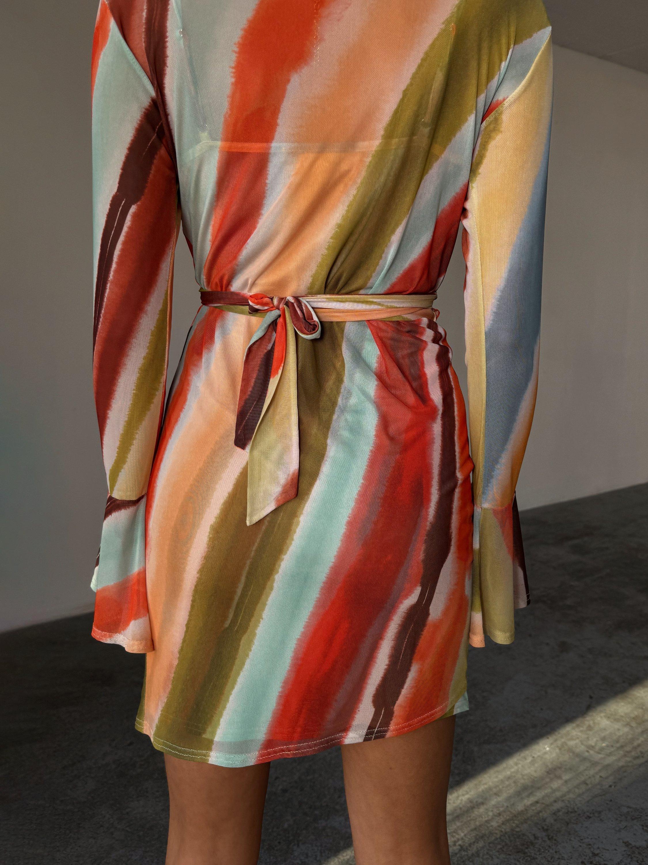 Product image 5 of 6, which shows Never Fully Dressed Sunset Striped Wrap Mini Dress, Orange, 6