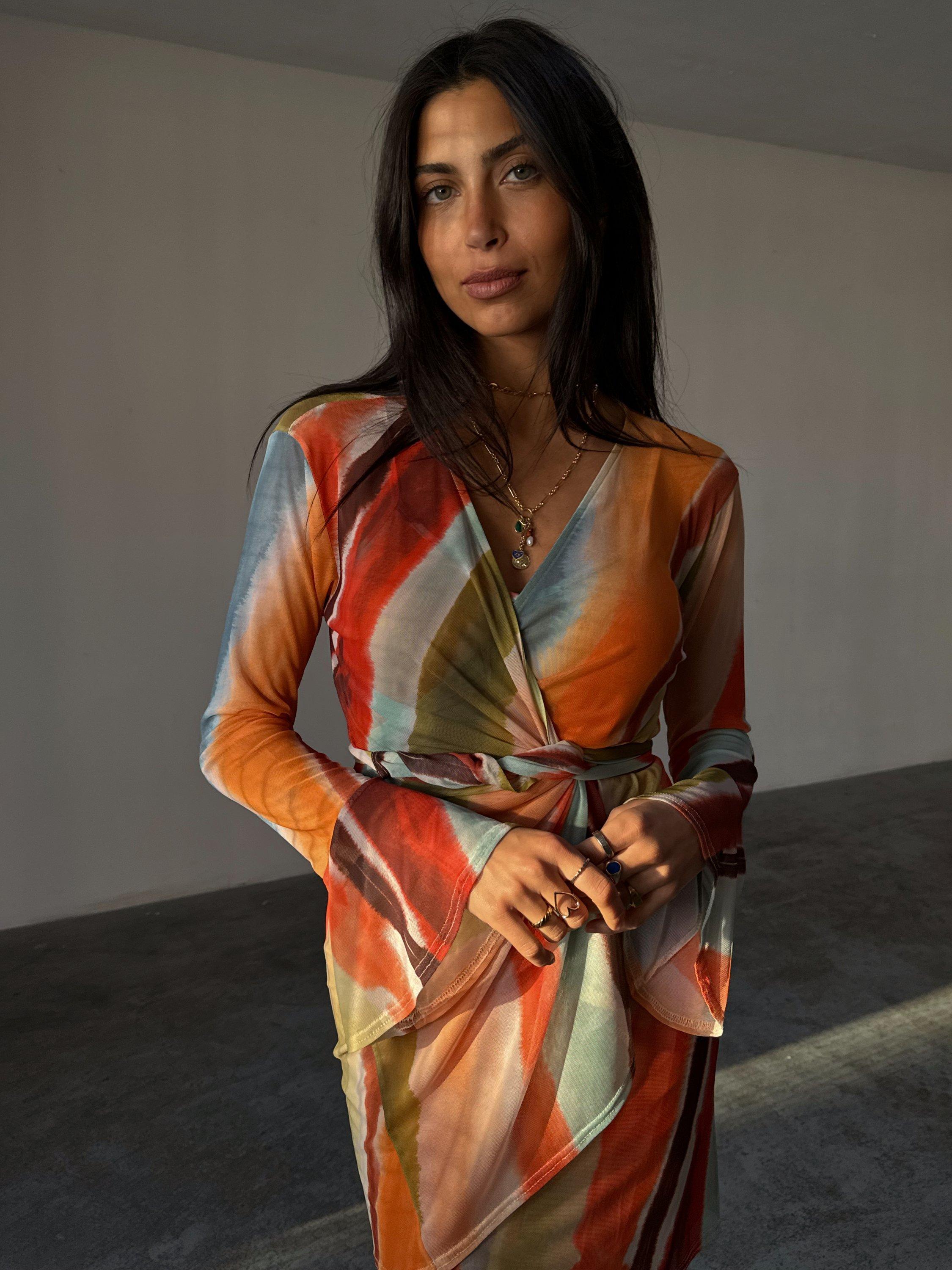 Product image 6 of 6, which shows Never Fully Dressed Sunset Striped Wrap Mini Dress, Orange, 6