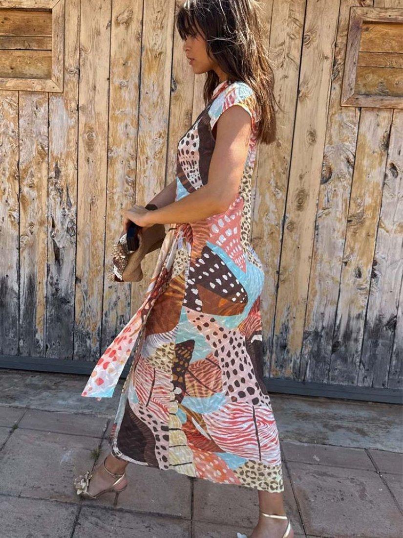 Product image 2 of 7, which shows Never Fully Dressed Lucy Animal Shell Print Tie Waist Dress, Multi, XS